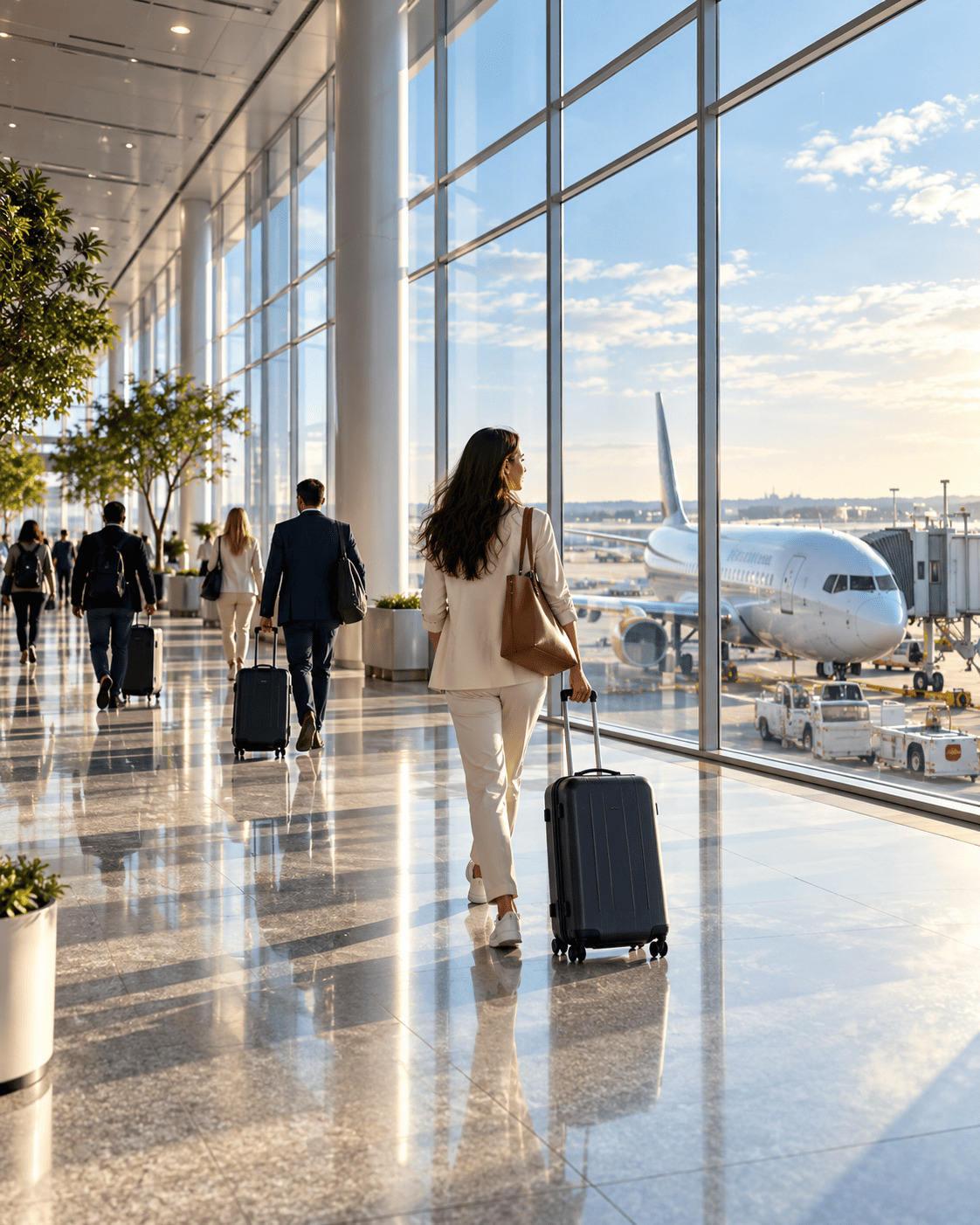Travelers walking through a busy airport terminal