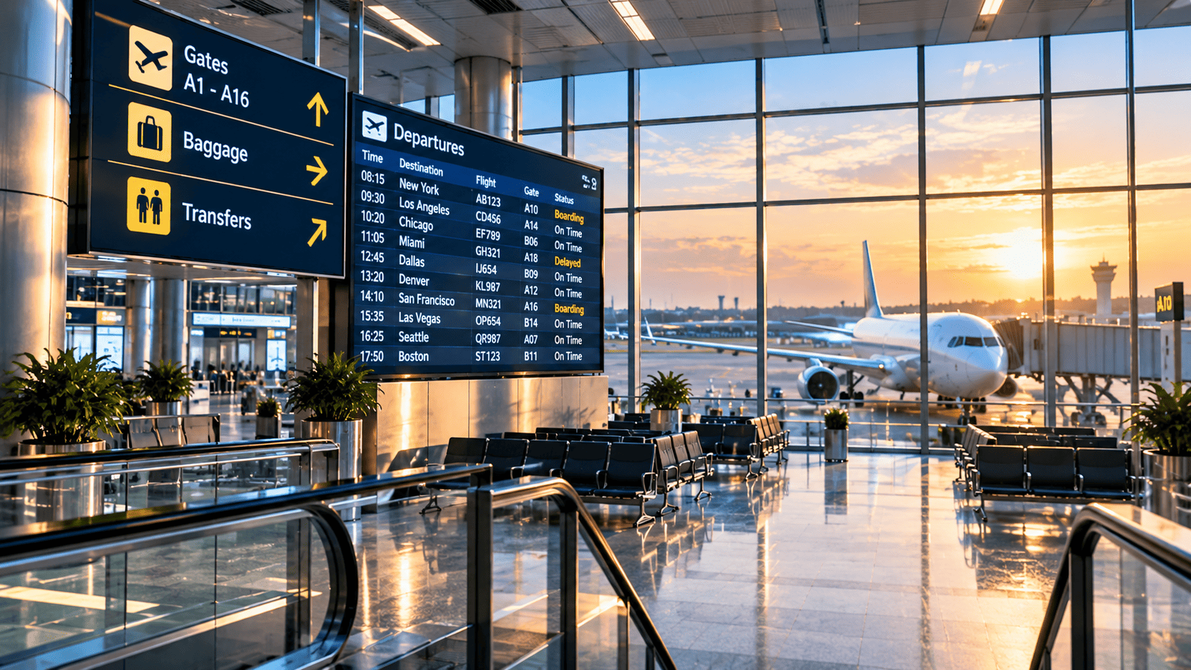Airport terminal escalators and signage